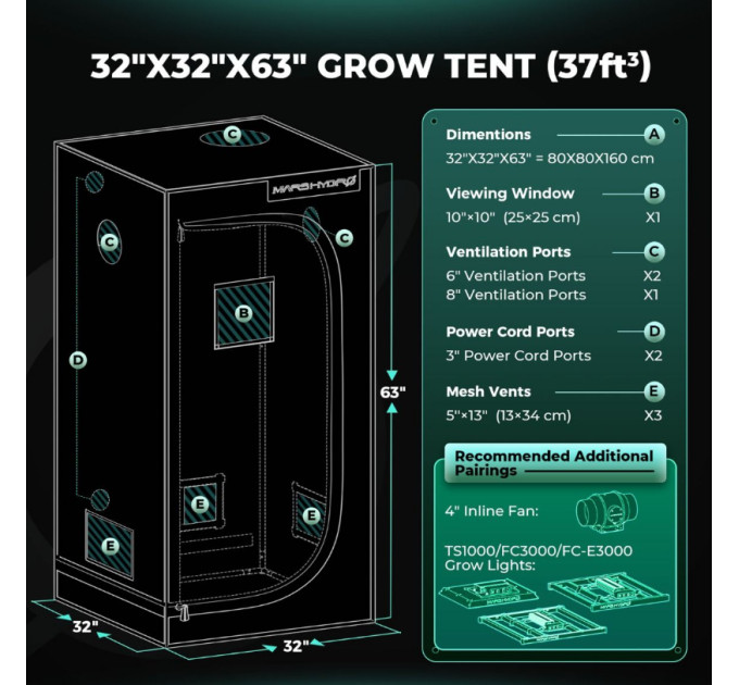 Гідропонний намет для вирощування -80x80x160 см