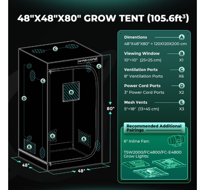 Гидропонная палатка для выращивания -120x120x200 см