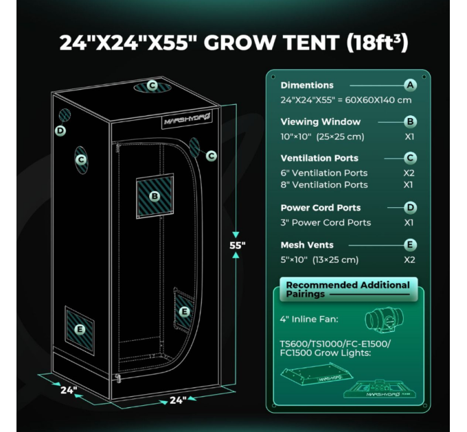 Гидропонная палатка 60х60см для выращивания -60x60x140 см