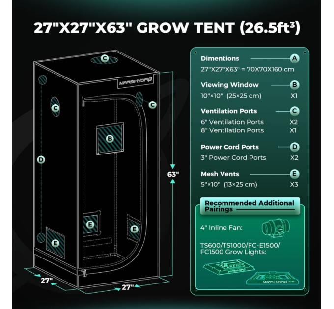 Гідропонний намет для вирощування -70x70x160 см