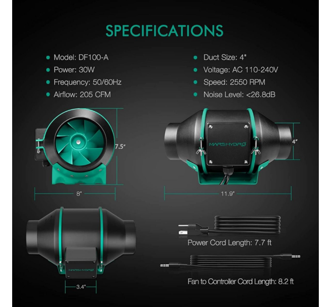 Комплект вентиляторів Mars Hydro 15см з inline-корпусом та контролером швидкості