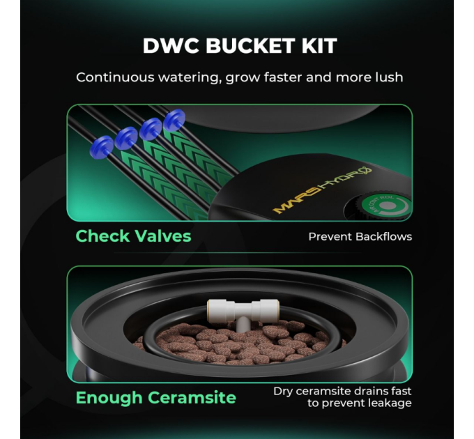 Гідропонна система Mars Hydro на 5 галонів DWC з 2 відрами (по 8 дюймів)