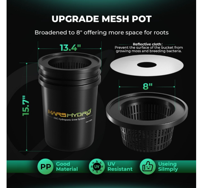Гідропонна система Mars Hydro на 5 галонів DWC з 2 відрами (по 8 дюймів)