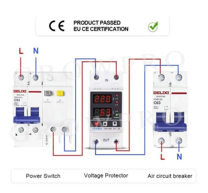 Реле Напруги Дін Taxnell з подвійним дисплеєм 40А 230 V