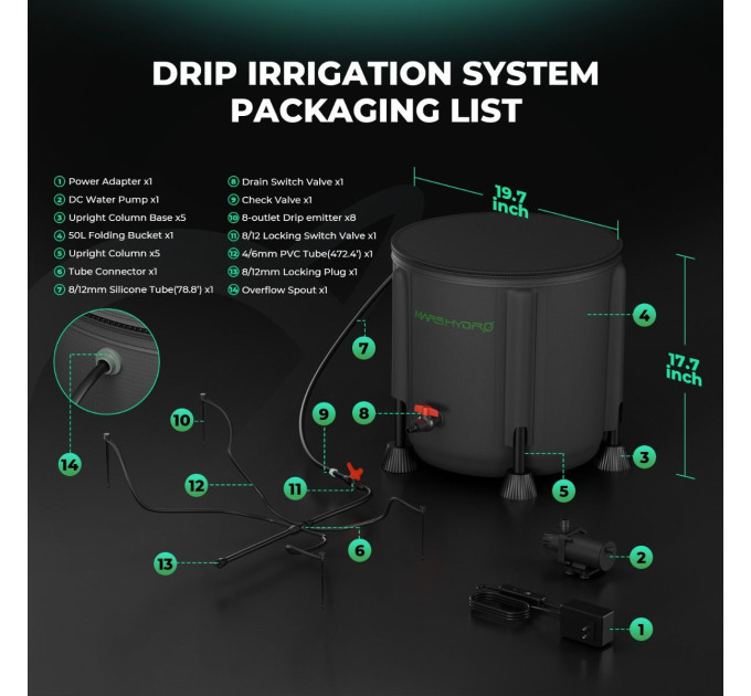 Mars Hydro Новий складаний комплект крапельного зрошення з відром для 8 кімнатних рослин