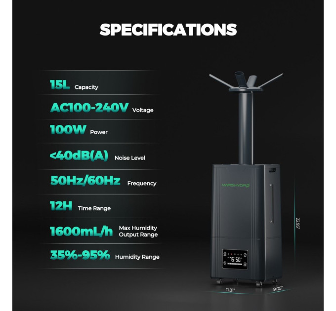 15-літровий зволожувач для рослин з ультразвуковим холодним туманом Mars Hydro 