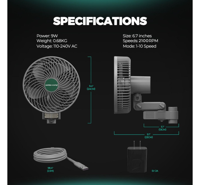 Вентилятор-кліпса Mars Hydro 6 дюймів для намету з автоматичним осцилятором